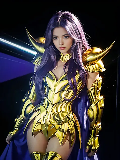 ultra-high saturation（tmasterpiece）， fully body photo，（best qualtiy）， （1girll），purple hair,  wearing shiny gold armor， sexy ling...