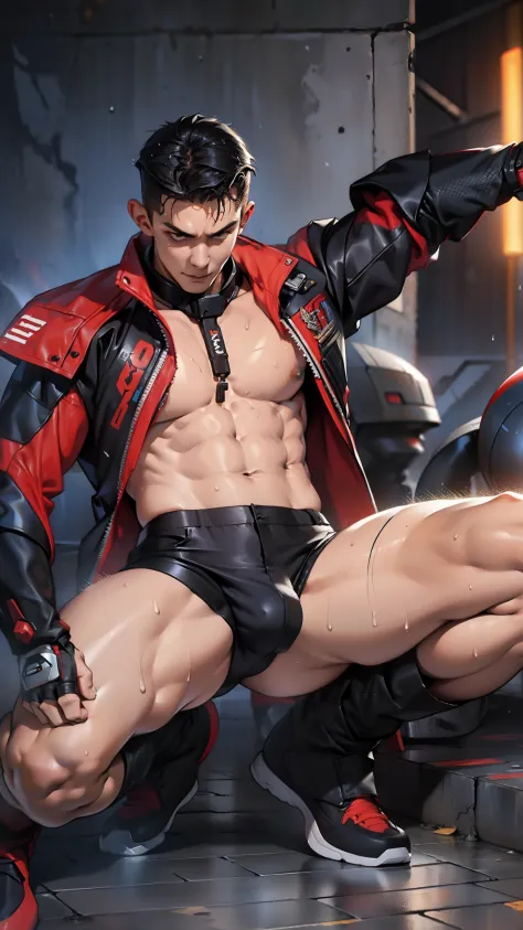 A tall muscular boy , Naked , Legs spread , （The whole body of the character），impact , Sweaty , Wet , Seductive , Bigboobs , large bulge , big balls ,, From the knees , big assa，mechs，punky style