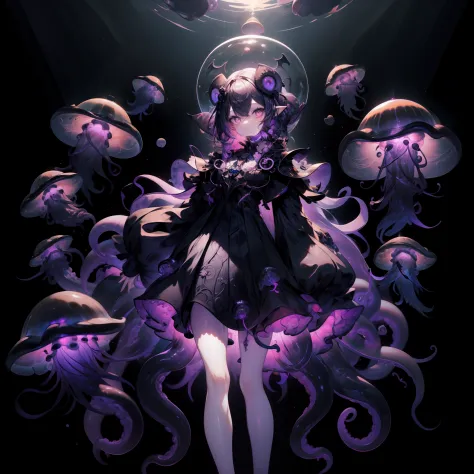 Vampire Squid Girl, Female Solo。black gothic lolita dress, capes, Purple luminous orb on dress, Jellyfish in a skirt, Bat design...