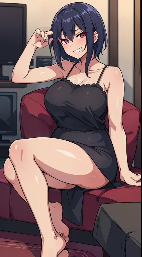 hiquality, tmasterpiece (One adult girl) evil grin, dark colored hair, Square haircut. a plump body. big breastes. camisole. panty. bare feet. Against the background of an ordinary room, Sofa, a table, tv set, carpet, Window.