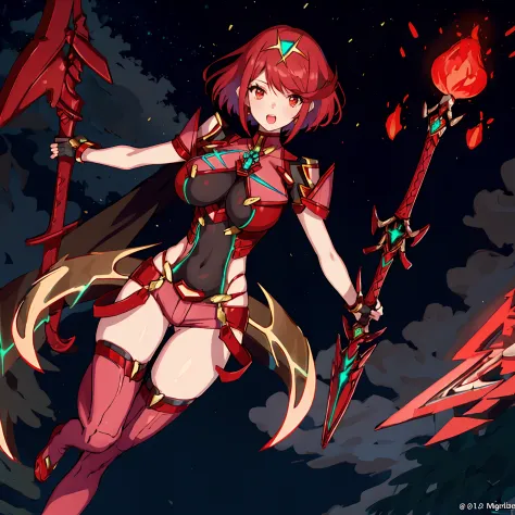 pyra \(xenoblade\), teen_1girl, loli, armor, bangs, black gloves, breasts, red eyes, closed mouth, earrings, eyelashes, fingerle...