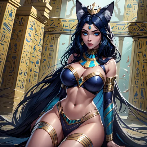 masterpiece, ultra hd, 8k,hdr, dynamic , blue eyes , hyper realistic, detailed background, finely detailed_body, big_boobs , fullbody,1girl, very long hairstyle, (dark blue hair color:1.2), (bright eyes:1.1), | symetrical crown, egyptian, egyptian clothes ...