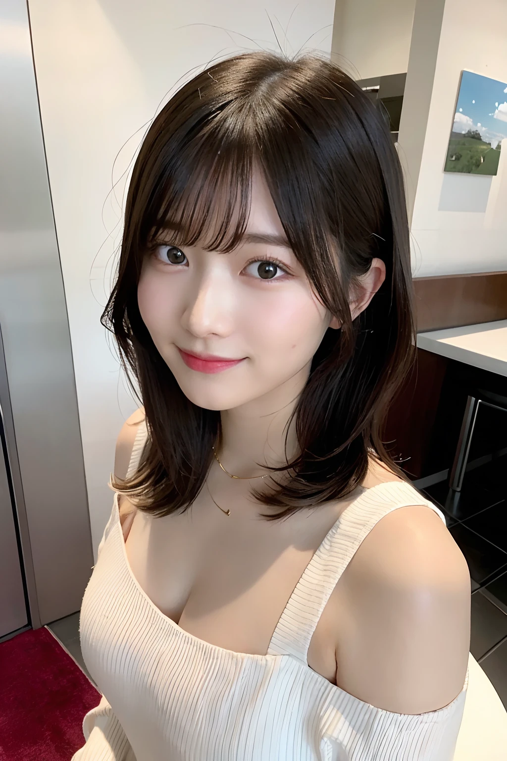 top-quality、Photorealsitic、8K、hight resolution、Perfect litthing、a gorgeous、​masterpiece、realisitic、closeup portrait、
1girl in、piercingeyes、off-the-shoulder sweater、middlebreasts、shorth hair、Look at viewers、kindly smile、in a cafe、in the room、a miniskirt、sun shine