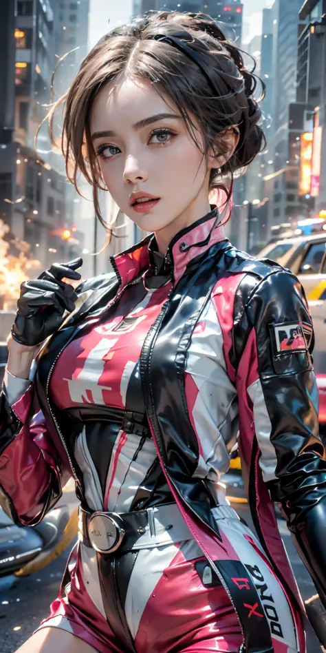 (Photorealistic, Ultra High Definition), ((close up:1, looking at viewer)), Soft light,1 police lady, Night City, (Detailed face), (Pink coiffed short-Hair: 1.3), (cloths color base on silver black pink red white), Futuristic Racing Suits, Police costume l...