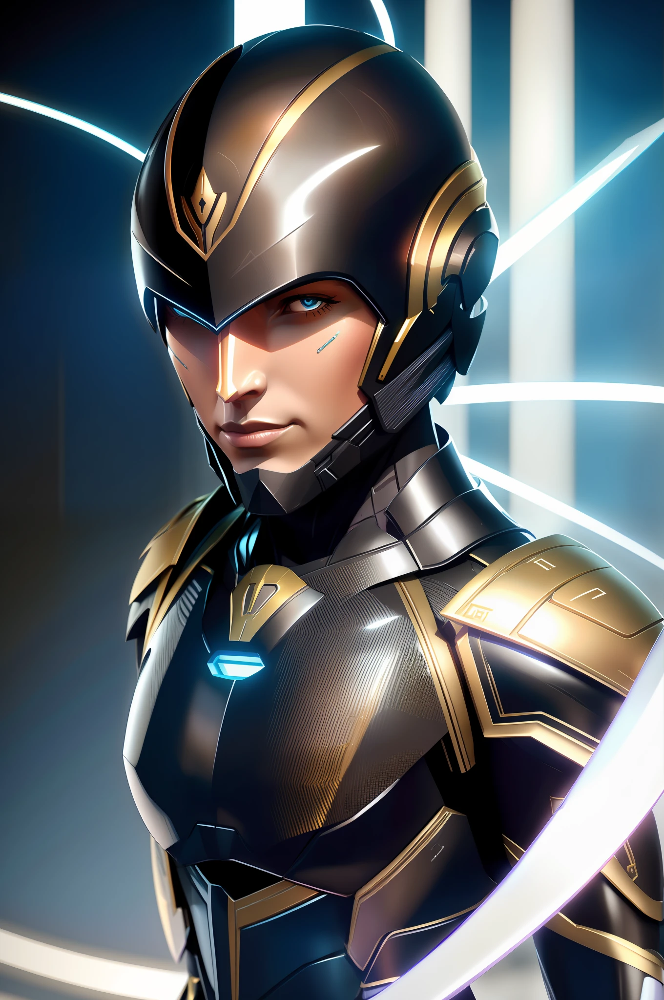 Homem arafed em um terno preto e dourado com um futurista, unreal motor render saint seiya, Artista CG, cg arte, cybernetic suit, arte do personagem do motor irreal, Artgerm JSC, Jogo CG, Anton Fadeev 8 K, daniel maidman octane rendering, inspirado em Marek Okon, arte chave, cgi render, cg render