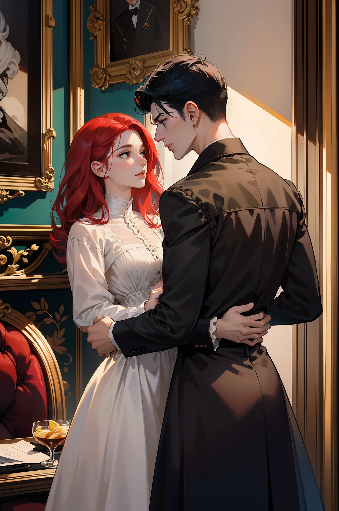 ((Masterpieces)), Best Quality, outstanding illustration, (((A couple seeing each other))), soft focus, (((1 boy with short black hair))) (((blue eyes))) (((dark wizard clothing))), (((1 girl from (((Red hair))) long curly))) (((gold eyes))) (((elaborate and beautiful WHITE wedding dress))), victorian clothing, Victorian and magical romanticism, opulent and exquisite atmosphere, Soft light and warm lighting.
