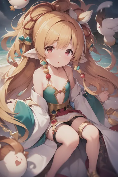 1girl, 2017, :o, bare_shoulders, beads, bird, blonde_hair, blush, collarbone, commentary_request, detached_sleeves, diamond_(shape), feather_hair_ornament, feathers, flat_chest, from_above, granblue_fantasy, hair_beads, hair_ornament, happy_new_year, harvi...