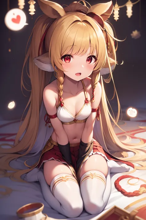 1girl, animal_ears, arm_support, blonde_hair, breasts, commentary_request, crop_top, full_body, granblue_fantasy, hair_over_shoulder, hair_ribbon, harvin, highres, leaning_forward, long_hair, looking_at_viewer, mahira_(granblue_fantasy), midriff, myouji_na...