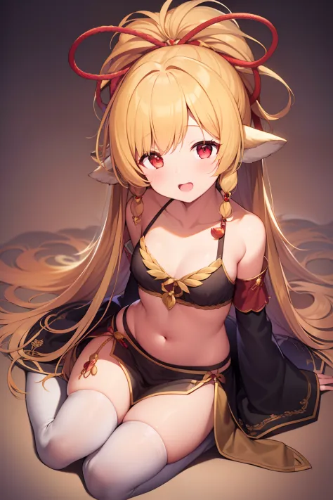 1girl, animal_ears, arm_support, blonde_hair, breasts, commentary_request, crop_top, full_body, granblue_fantasy, hair_over_shoulder, hair_ribbon, harvin, highres, leaning_forward, long_hair, looking_at_viewer, mahira_(granblue_fantasy), midriff, myouji_na...