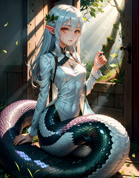 Detailed snakeskin， （AS-Adult）， Individual focus， （Lamia）， stoic， monstergirl， ， beautidful eyes， beatiful background， abandoned...