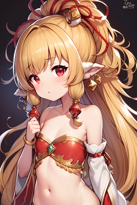 1girl, animal_ears, artist_name, bandeau, bare_shoulders, bead_bracelet, beads, blonde_hair, blush, bracelet, capriccio, commentary_request, dated, detached_sleeves, feather_hair_ornament, feathers, food, granblue_fantasy, hair_beads, hair_ornament, harvin...