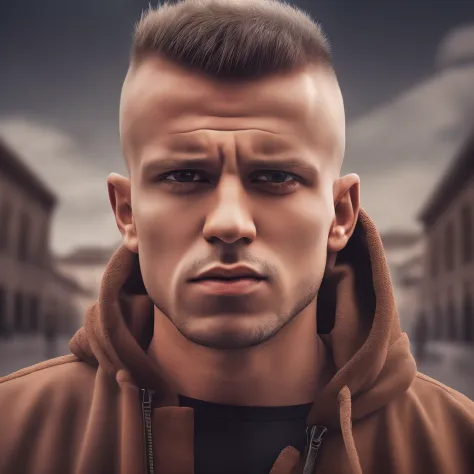 portrait of sksperson man, envious , wearing zip-up hoodie , with buzz cut brown mohawk , background roman city epic (photo, stu...