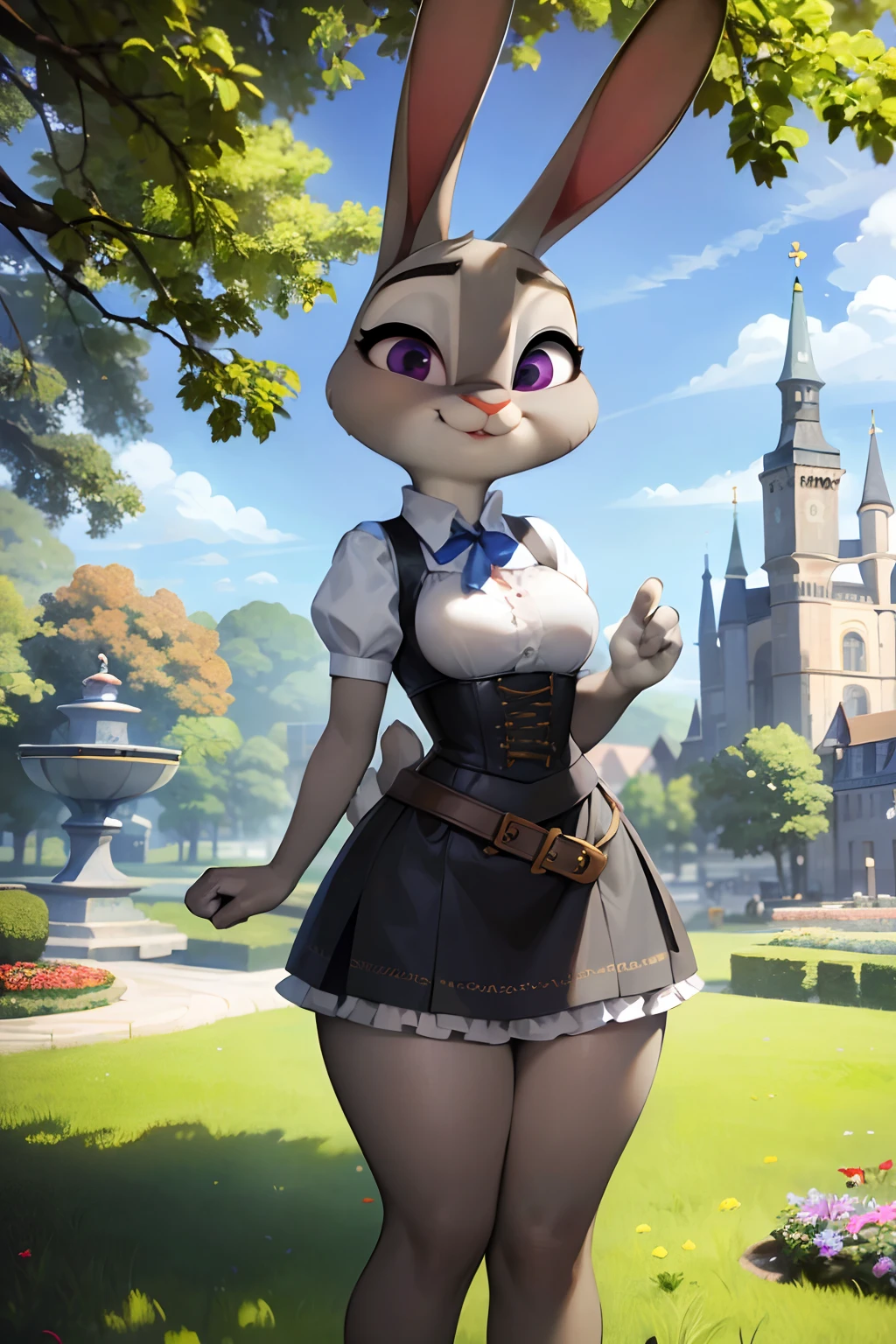 Traditional german dress, dirndl, traditional bavarian attire, tranquil garden, solitary girl, Judy Hopps, adorable face, cute expression, perfect anatomy, beautiful scenery, detailed face.