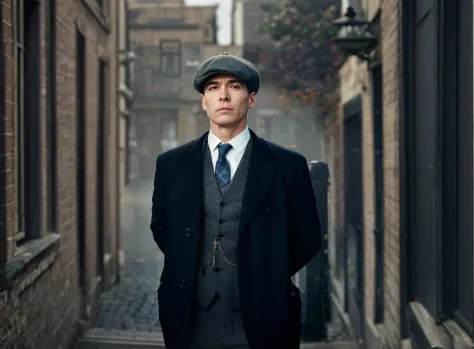 There's a man in a suit and tie standing on a street, Persianas Peaky, Figurinos de Peaky Blinders, Persianas Peaky (2018), Sher...