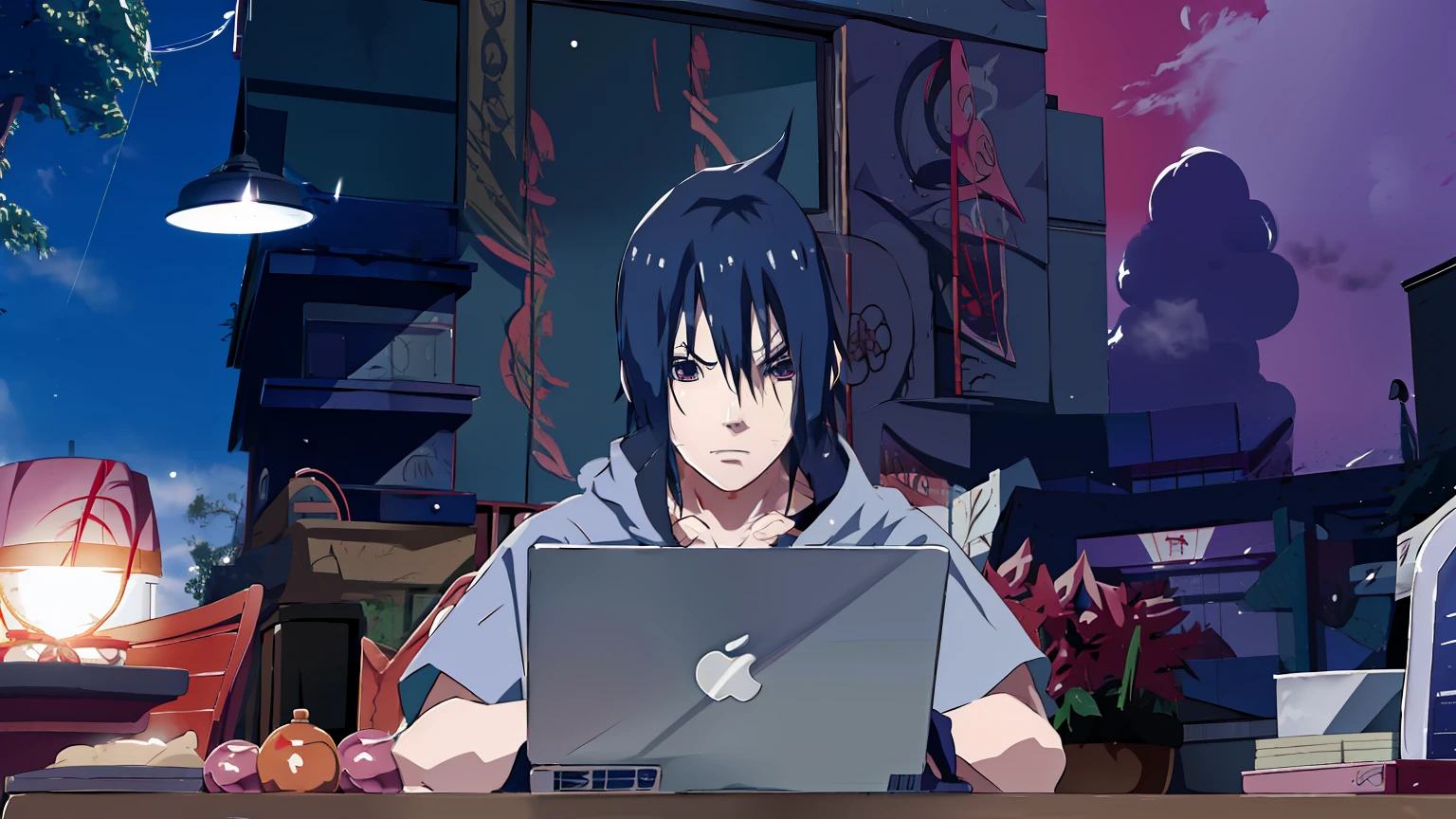 Anime-Charakter, der mit einem Laptop an einem Tisch sitzt, Sasuke Uchiha, Anime-Stil 4K, Badass-Anime 8 K, Anime-Stil moderno, Anime-Stil. 8k, itatchi uchiha, Epischer Anime-Stil, Steve Jobs als Hokage, Anime-Stil muito moderno, Anime-Stil", Anime-Stil 2D, em Anime-Stil, Ufotable-Kunststil