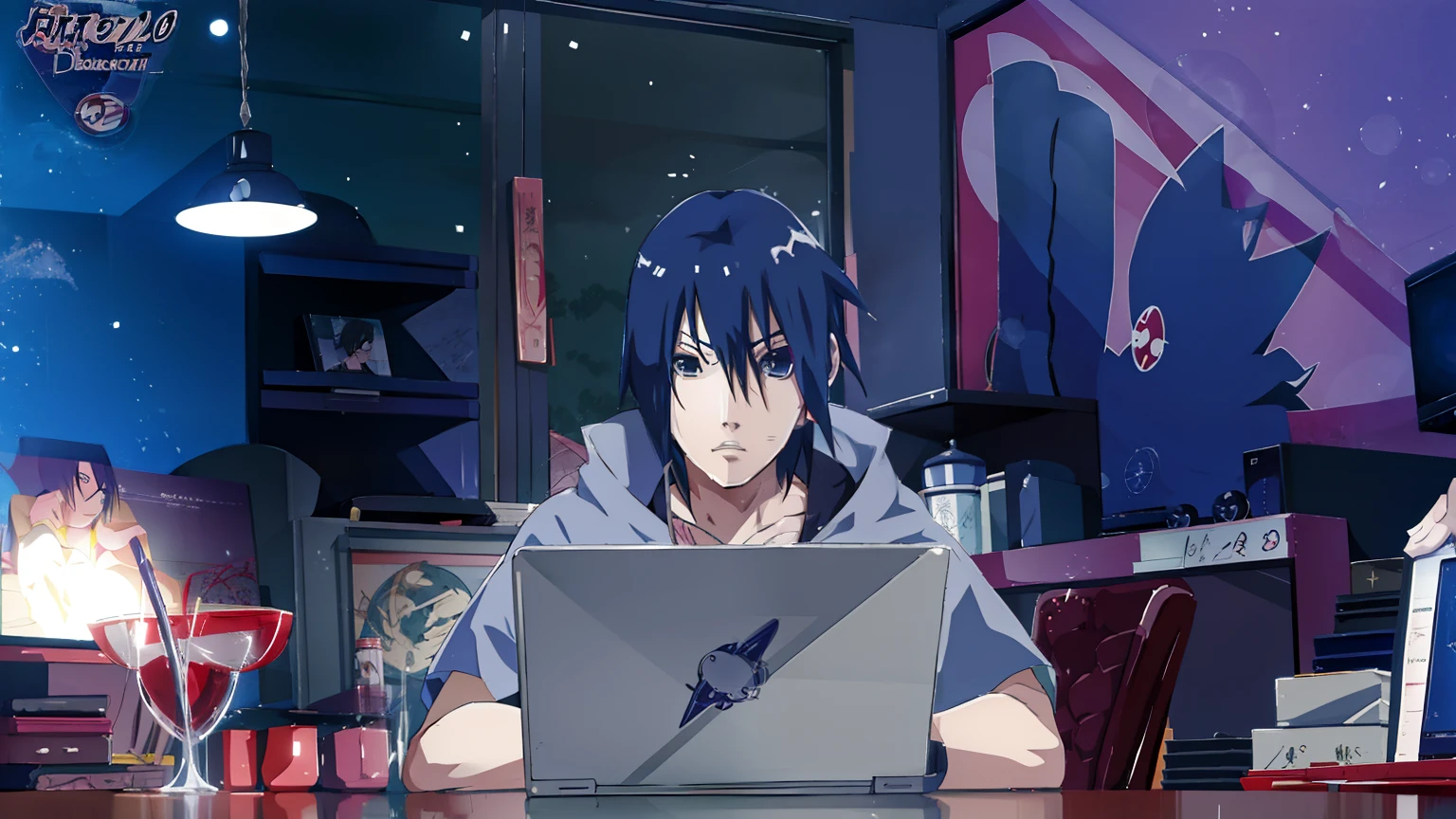 anime character sitting at a table with a laptop, sasuke uchiha, anime styling 4K, 坏蛋动漫8 K, anime styling moderno, anime styling. 8k, itatchi uchiha, Epic anime style, steve jobs as hokage, anime styling muito moderno, anime styling", anime styling 2D, em anime styling, ufotable art style