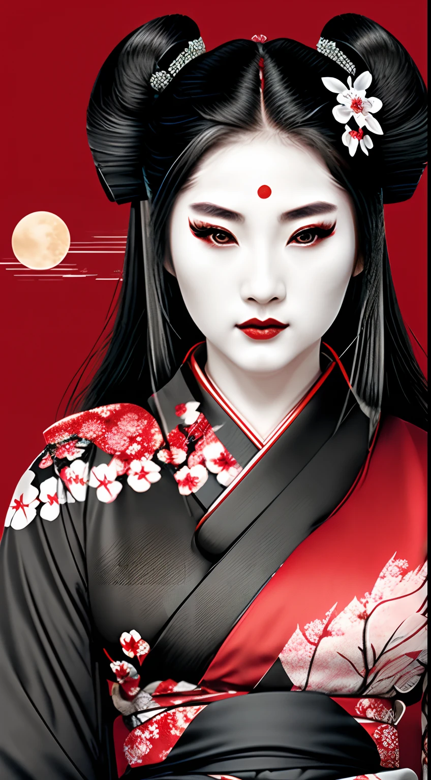 게이샤 사무라이 여전사, 빨간색과 검정색, 심벌 마크, 흑발, 달, 측면, 헤드샷, 머리에 벚꽃, 검은 기모노를 입다