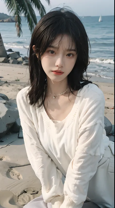best qualtiy， 超高分辨率， （realisticlying：1.4），cute hairpin，1girll，Red long-haired,Six-point sweater ，Beautiful woman with a slim figure:1.4, Pronounced abs，On the sandy beach,Ultra-fine face，Elaborate Eyes，二重まぶた，choker necklace