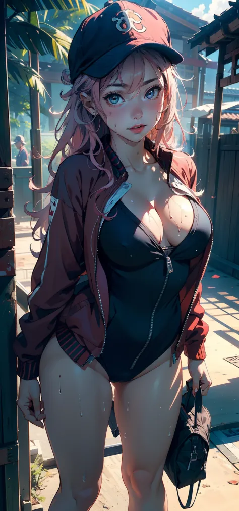 1female，15year old，bit girl，Lori huge breasts cleavage，super adorable，Small breasts，Pornographic exposure， 独奏，（Background with：ln the forest，the rainforest，in summer） She has long pink hair，Headband with baseball cap，standing on your feet，Sweat profusely，d...