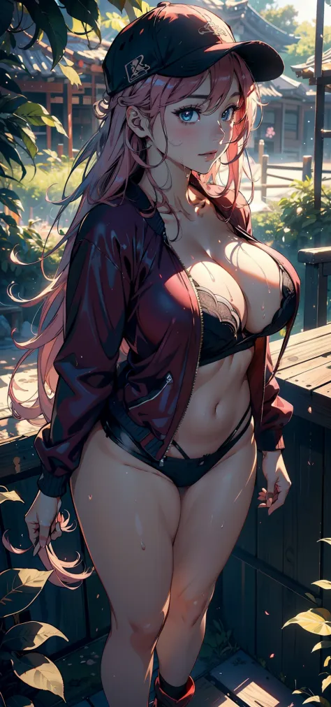1female，35yo，Japanese，gigantic cleavage breasts，Pornographic exposure， 独奏，（Background with：ln the forest，the rainforest，in summer） She has long pink hair，standing on your feet，Sweat profusely，drenched all over the body，seen from the front， hair straight， d...