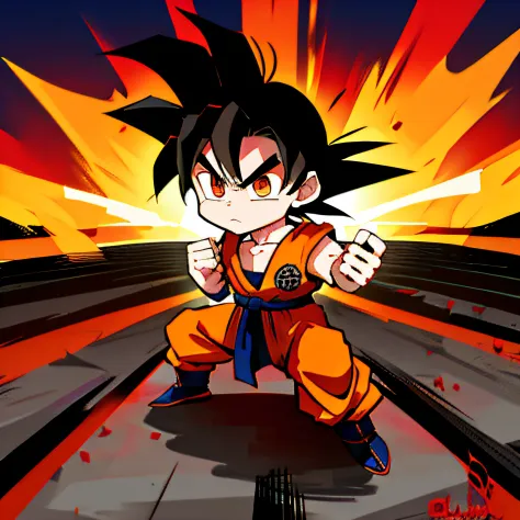 Goku chibi chara em uma pose de luta, em um campo de batalha
