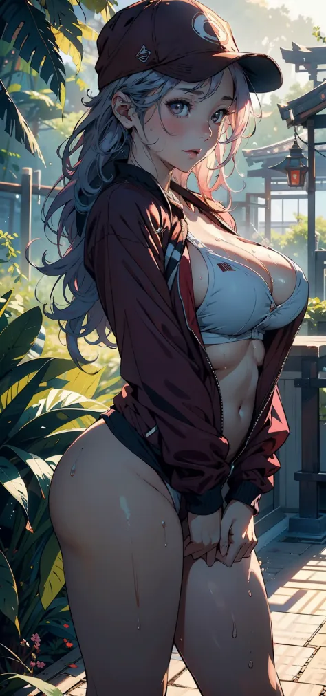 1female，11yo，bit girl，Lori huge breasts cleavage，super adorable，flatchest，Pornographic exposure， 独奏，（Background with：ln the forest，the rainforest，in summer） She has long pink hair，Headband with baseball cap，standing on your feet，Sweat profusely，drenched al...