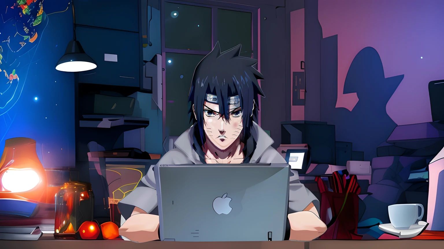 anime character sitting at a table with a laptop, sasuke uchiha, anime styling 4K, 坏蛋动漫8 K, anime styling moderno, anime styling. 8k, itatchi uchiha, Epic anime style, steve jobs as hokage, anime styling muito moderno, anime styling", anime styling 2D, em anime styling, ufotable art style