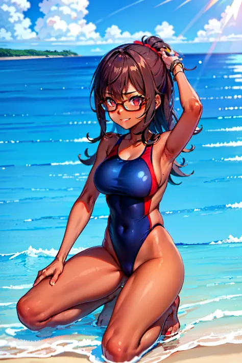 Colossal tits、armpit、Brown skin、diamond　耳Nipple Ring、Red eyes、Brownish　Long hair　wave、Kneeling　opening legs、navy blue　white colors　Competitive swimsuit、Beach、eye glass、Scrunchies on the wrist、a smile