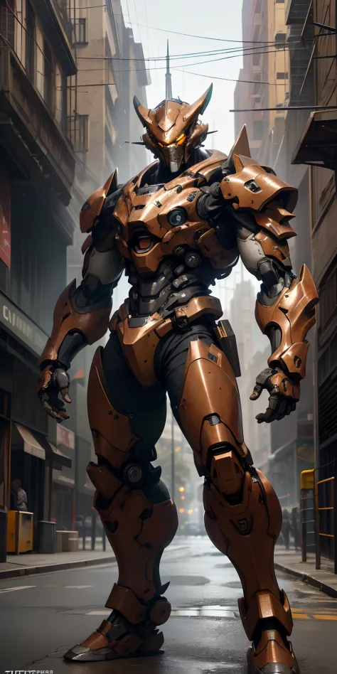 Full body image of an alpha male, perfect eyes, in a worn mecha suit, intricate, (steel metal [rust]), elegant, sharp focus, photo by greg rutkowski, soft lighting, vibrant colors, masterpiece, ((streets)), cowboy shot, dynamic pose,