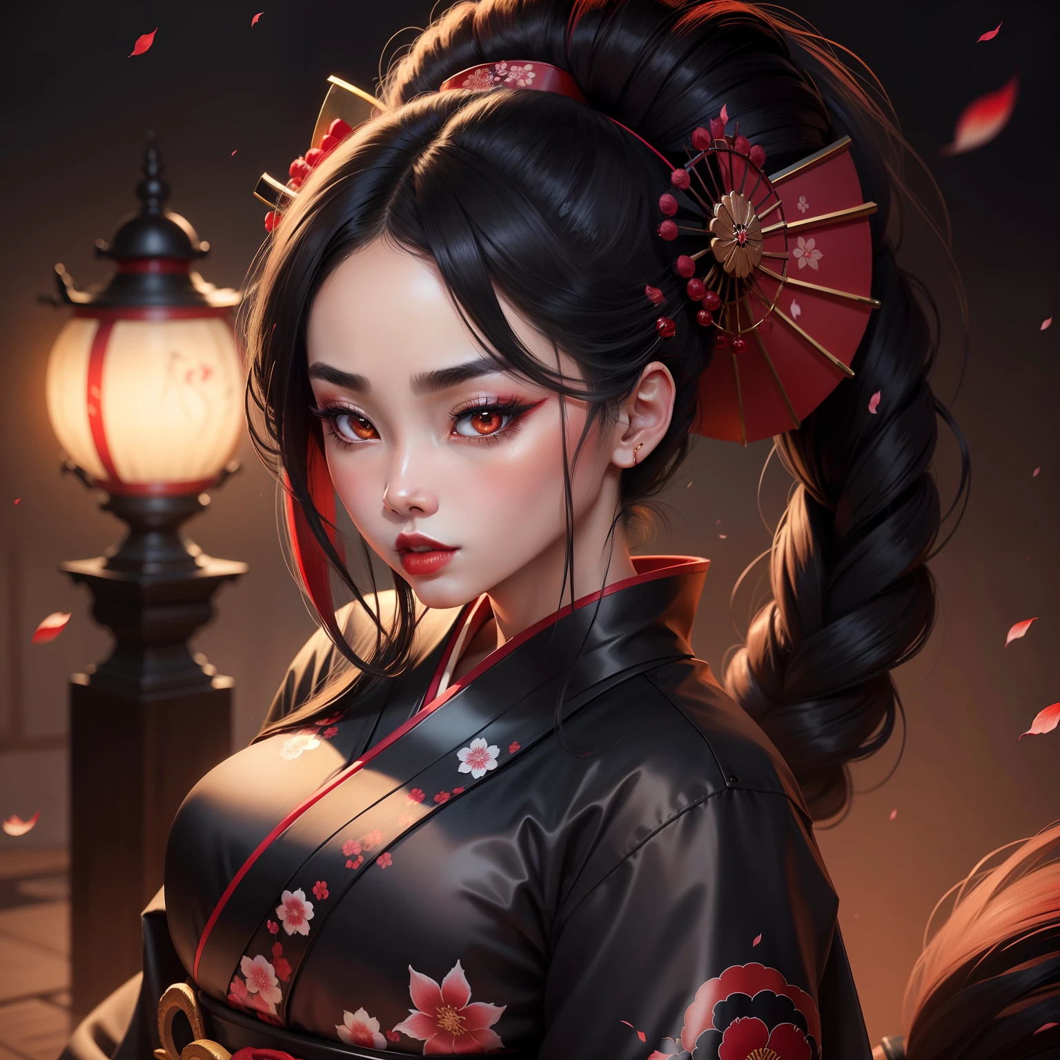 Verführerische Geisha, trage einen schwarzen Kimono, schwarzes Haar, roter Mond, dunkelbraune Hautfarbe, Kirschblüte auf dem Haar, 4k, Mandel Augen, große Lippe, Logo, Herzförmiges Gesicht, Gesicht voller, sexy Haare zusammengebunden, schwarze Augen, dunkelroter Lippenstift, Samurai-Kriegerin, Schwerter