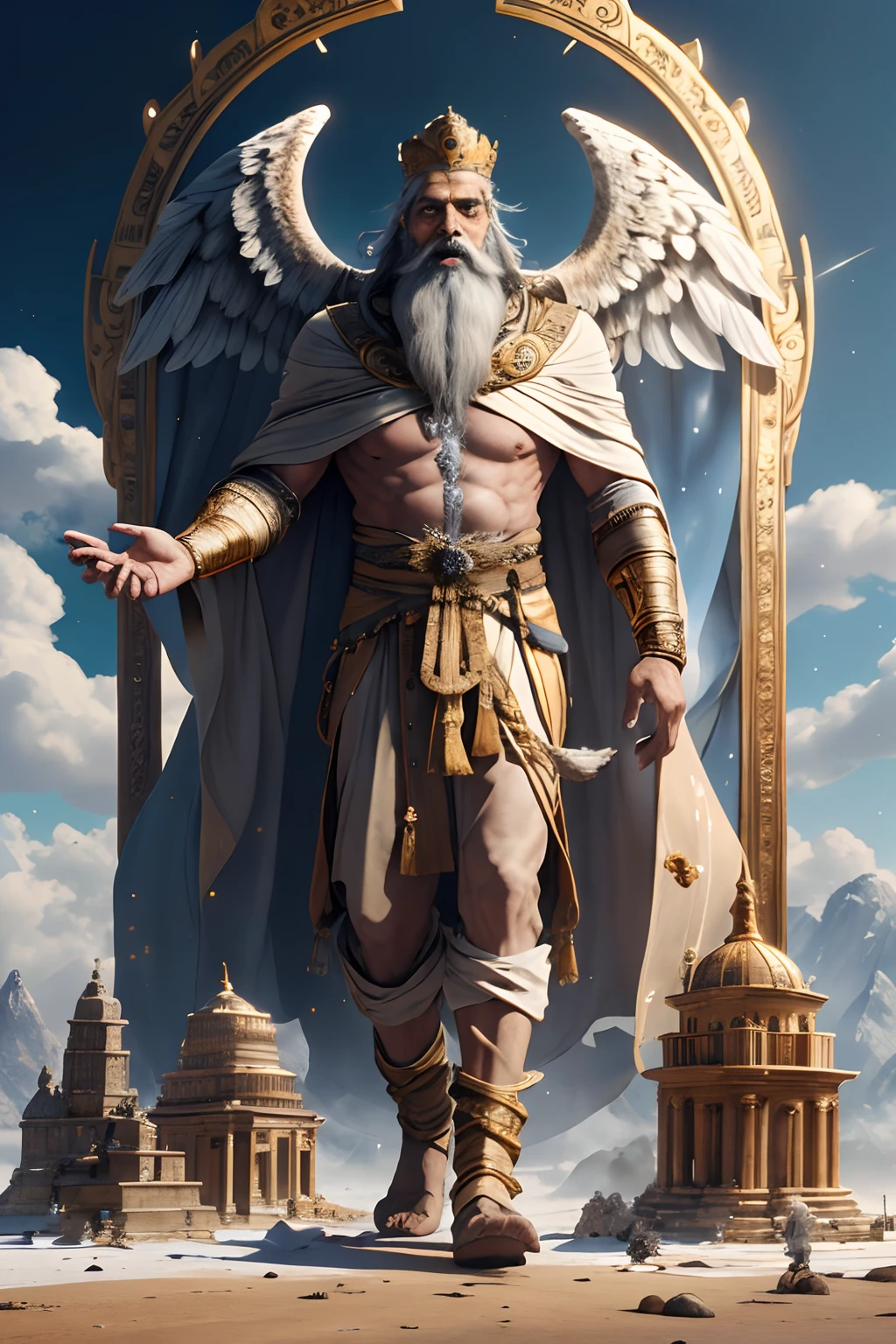 giant with long grey beard light brown skin he is a god the god anu wearing gold and wearing a hightech ancient cloak a crown a hightech watch on his left arm standing in front of the tree of life with a portal device in his right hand and in his left hand a ancient bag he got big golden eagle wings and on the back ground big high tech temples with earth in a bowl