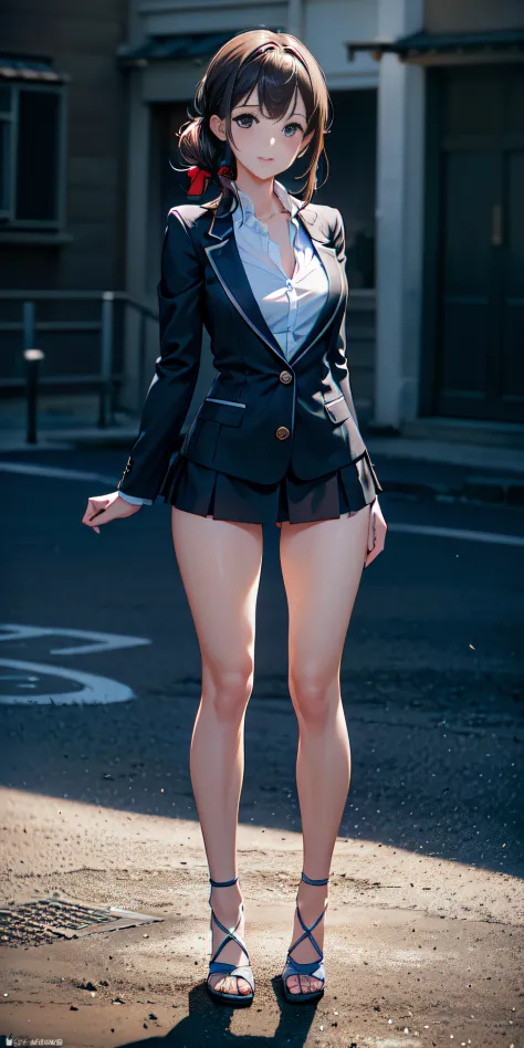 Vista de cuerpo completo, anime, estilo anime de mujer realista, (Blue-eyed Hungarian), 18 years old girl, ((blazer gris, cinta,...