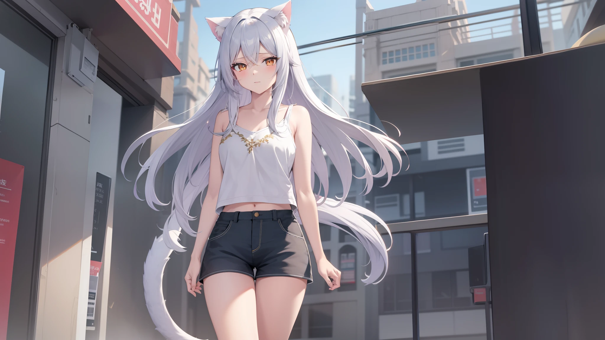 Anime masterpiece, Best quality, High_Resolution, High up detail, Extremely detailed and beautiful, 1 girl, Solo, Top perspective, Silver hair, The iris of the left eye is red, The iris of the right eye is orange/gold, Cat ears, Cat tail, in public, wear short shorts, arms back behind, Leaning forward