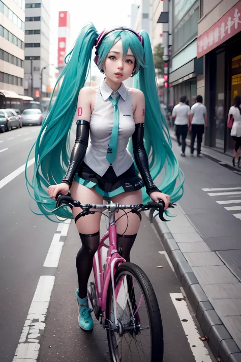 puts a girl on a bicycle all naked on the street of Tokyo Hatsune Miku