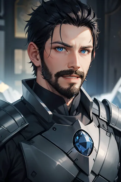 male, short spiky hair, black hair color, long eyelashes, without eyebrows, blue eye color, trimmed beard and mustache, grey ski...