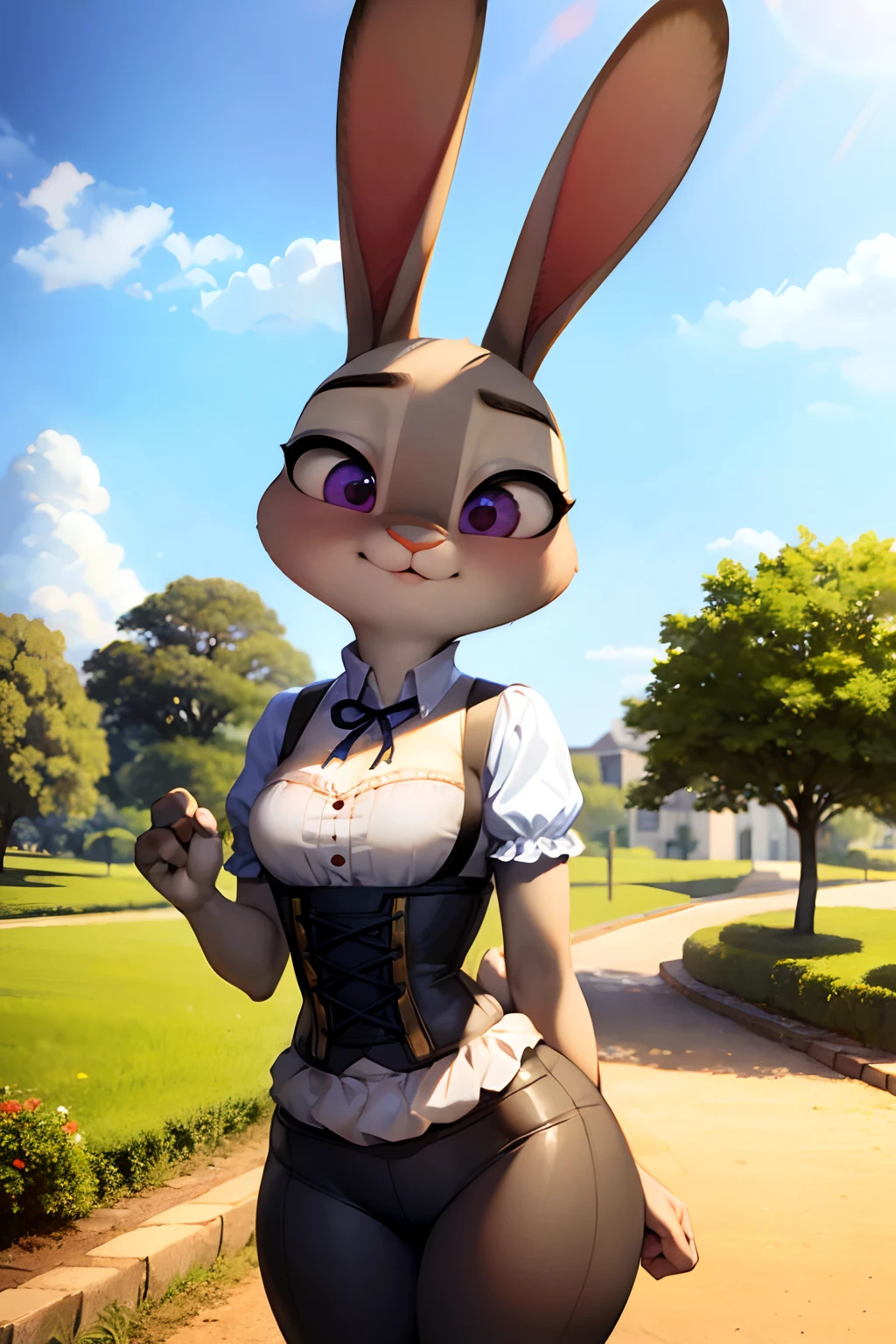 Traditional german dress, dirndl, traditional bavarian attire, tranquil garden, solitary girl, Judy Hopps, adorable face, cute expression, perfect anatomy, beautiful scenery, detailed face.