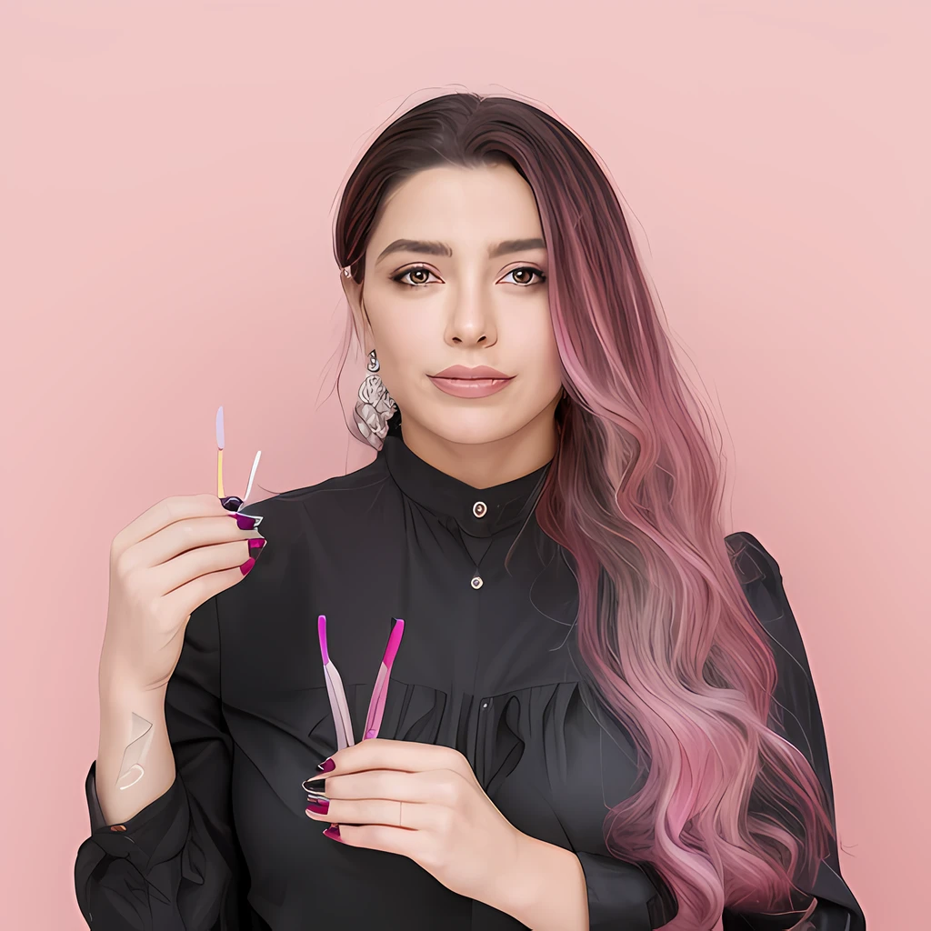 A woman with pink hair holding a pair of scissors and a pink lipstick -  SeaArt AI