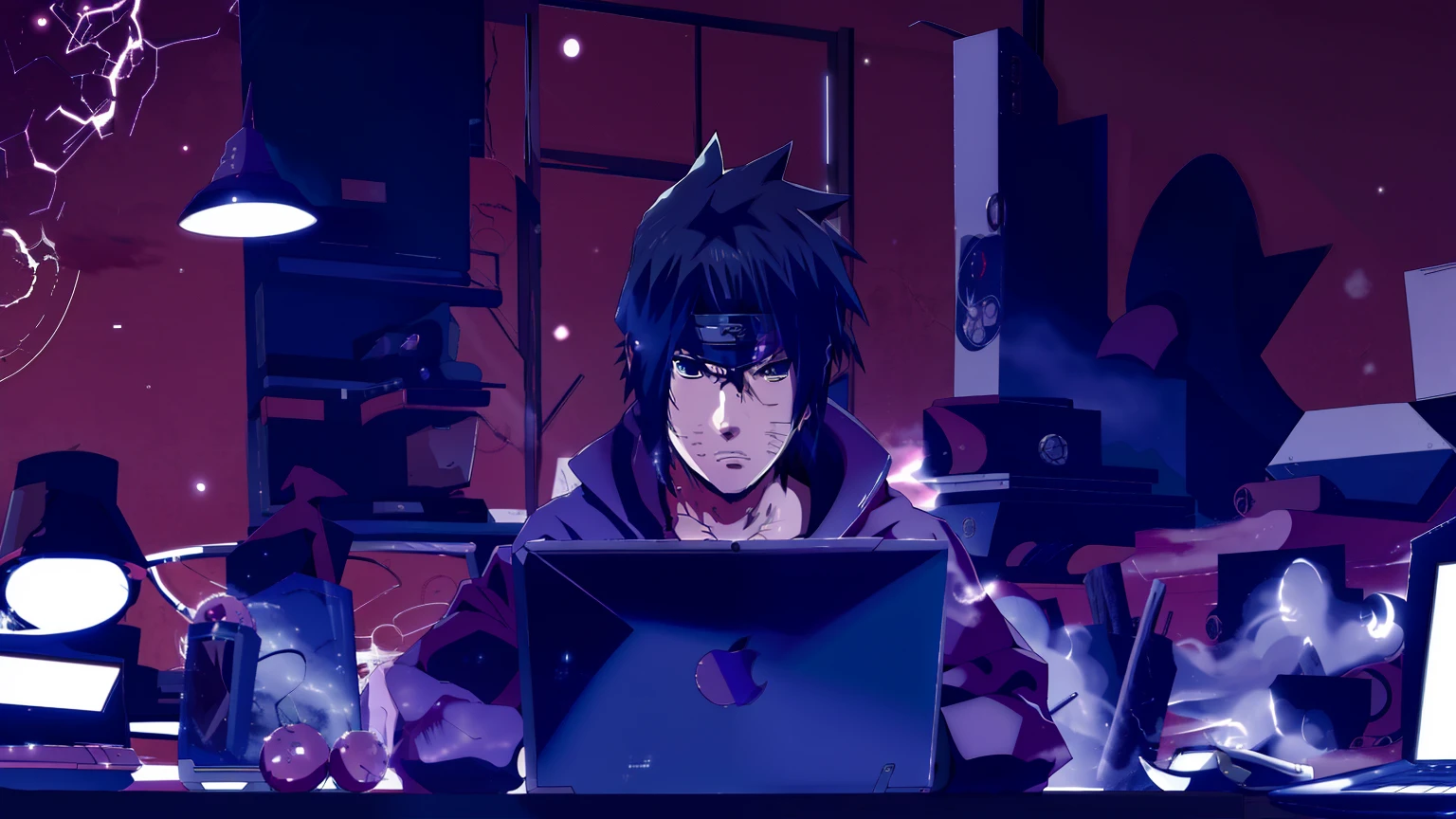 personagem de anime sentado em uma mesa com um laptop, sasuke uchiha, Estilo anime 4K, badass anime 8 k, Estilo anime moderno, Estilo anime. 8K, itachi uchiha, estilo de anime épico, Steve Jobs como Hokage, Estilo anime muito moderno, Estilo anime", Estilo anime 2D, em Estilo anime, estilo de arte ufotable