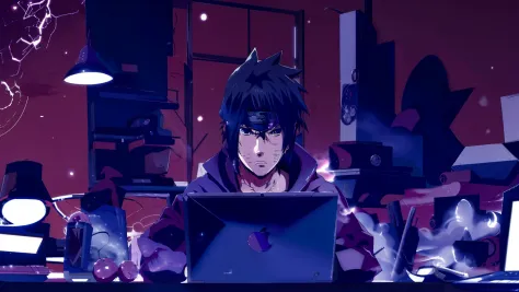 personagem de anime sentado em uma mesa com um laptop, sasuke uchiha, Estilo anime 4K, badass anime 8 k, Estilo anime moderno, E...