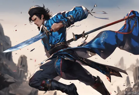 Composition with a sense of speed、Combat stance、Dark-haired young man、Soaring black hair、Blue national costume、Wielding a dagger、