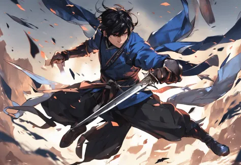 Composition with a sense of speed、Combat stance、Dark-haired young man、Soaring black hair、Blue national costume、Wielding a dagger、