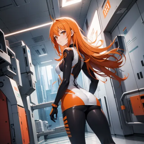 anime girl, orange hair, futuristic facility, full body shot