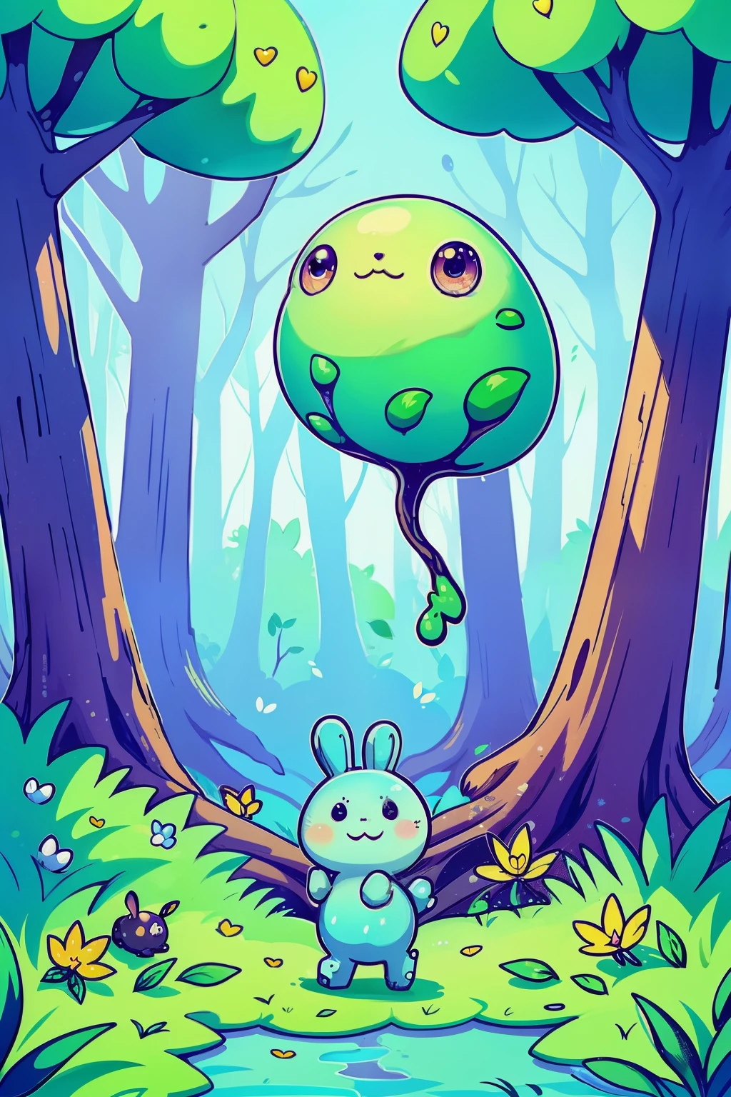 a cute little slime monster walks happily in a forest, trees with lots of leaves, flowers, blue sky, cute bunnies follow the little monster in the magic forest, butterflys,