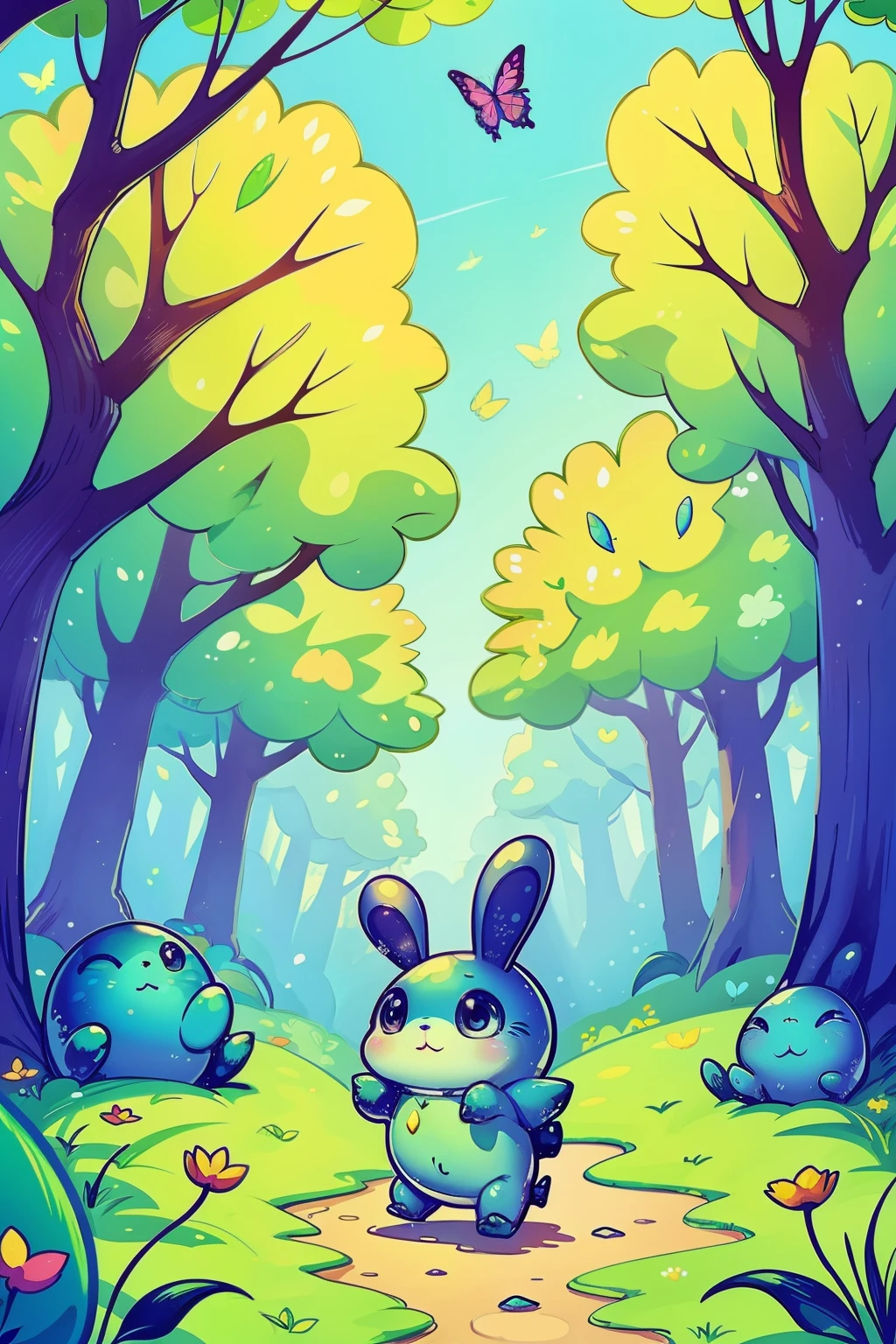 一只可爱的小粘液怪物在森林里快乐地行走, 有很多叶子的树, 花朵, 蓝天, 可爱的小兔子们跟随魔法森林里的小怪物, 蝴蝶,