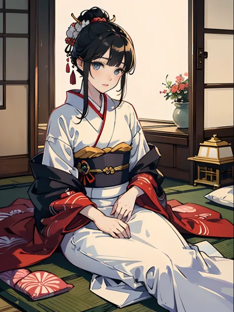 Master Pieces,hyper quality, Hyper Detailed,Perfect drawing,独奏、Beauty in the world、Komono、Japanese dress、Black-haired、Japanese hair、Colorful Japan kimono、Nishijin Ori、Delicate and smart eyes、Half-open lips、sidelong glance、Graceful、Gorgeous、Beautiful、red bl...