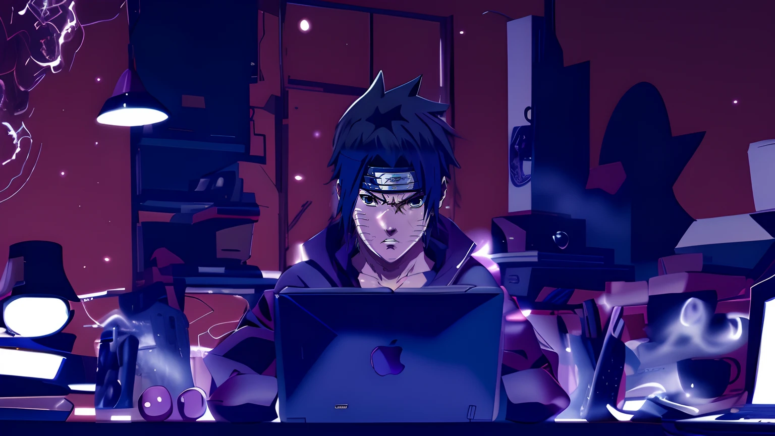 personaje de anime sentado en una mesa con una computadora portátil, sasuke uchiha, estilo anime 4K, anime rudo 8k, estilo anime moderno, estilo anime. 8K, itachi uchiha, estilo anime épico, Steve Jobs como Hokage, estilo anime muito moderno, estilo anime", estilo anime 2D, em estilo anime, Estilo de arte Ufotable