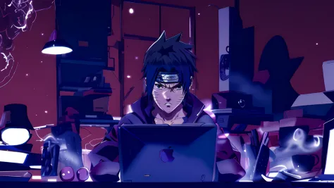 personagem de anime sentado em uma mesa com um laptop, sasuke uchiha, Estilo anime 4K, badass anime 8 k, Estilo anime moderno, E...
