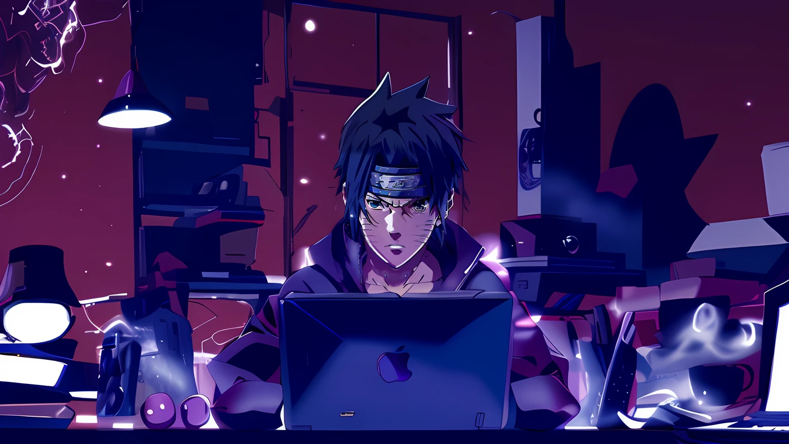 anime character sitting at a table with a laptop, sasuke uchiha, anime styling 4K, 坏蛋动漫8 K, anime styling moderno, anime styling. 8k, itatchi uchiha, Epic anime style, steve jobs as hokage, anime styling muito moderno, anime styling", anime styling 2D, em anime styling, ufotable art style