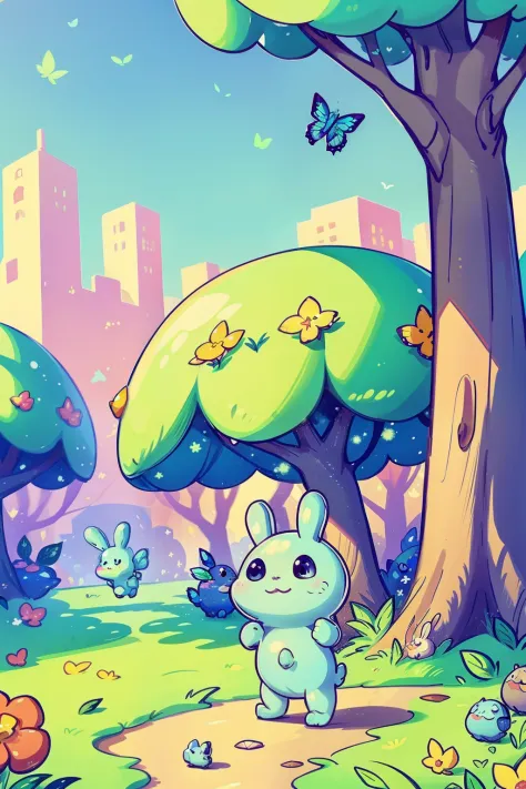 a cute little slime monster walks happily in a magic city, trees with lots of leaves, flowers, blue sky, cute bunnies follow the...