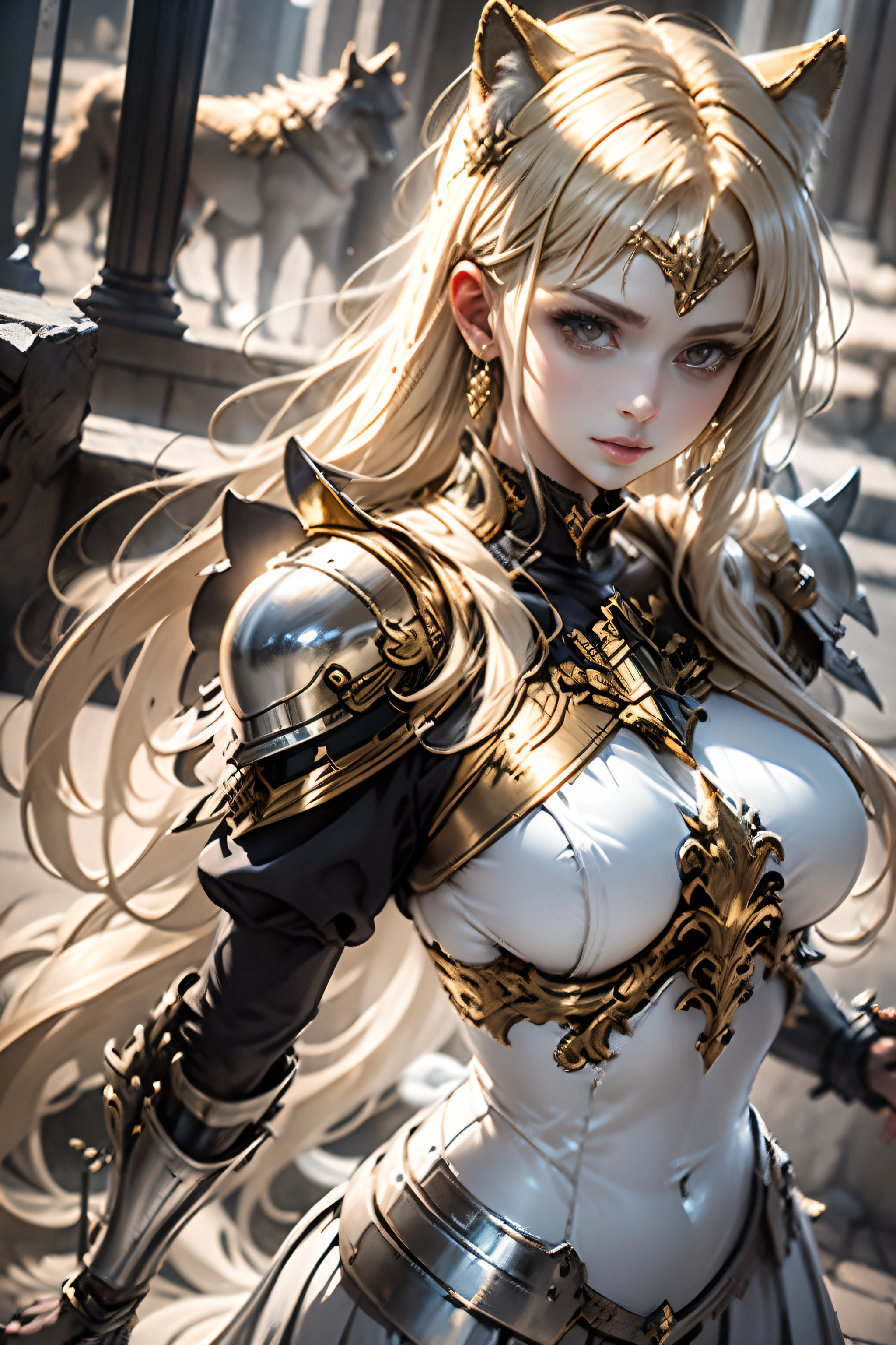 Women like Joan of Arc、Knights, golden armour，Gold Armor，With a sword and shield，Royal style，Comic style, , Sub-surface scattering, ornate detail, nature backdrop, Hyper-realistic, Cinematic, Dramatic Lighting, masutepiece、Armor and helmet with wolf motif、